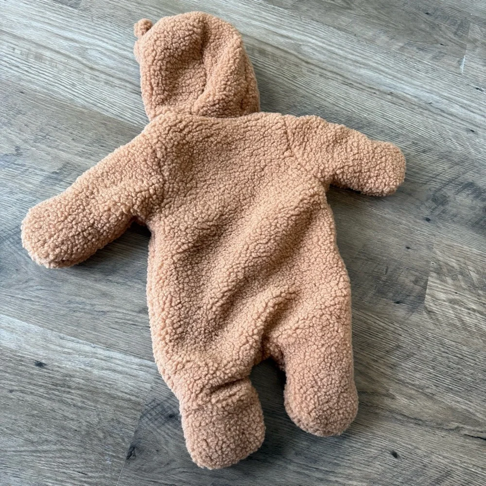 Wonder Nation 3–6 M Brown Teddy Fleece Snowsuit • Bear‑Ear Hood • One‑Piece